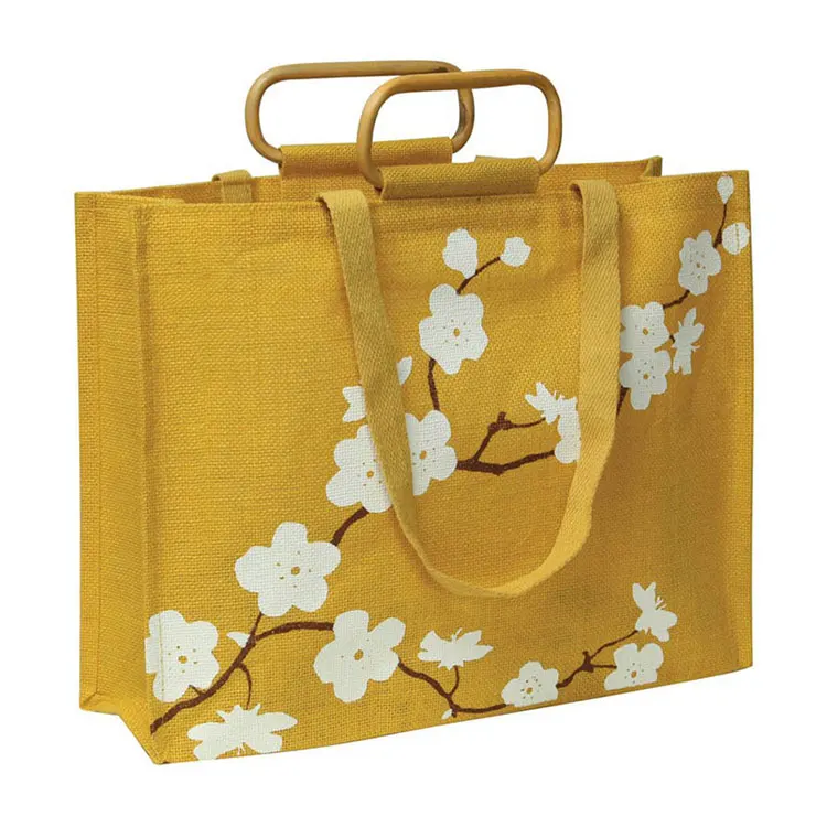 Eco-friendly Portable Burlap Jute Shopping Bag Handbag Bamboo Loop Handles Tote Promotional Waterproof Burlap Hemp Shopping Bags