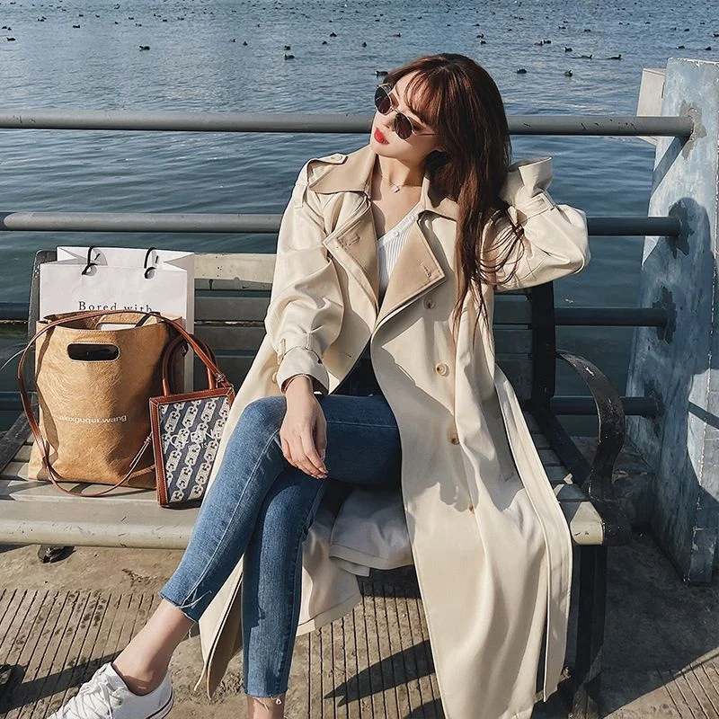 Korea Loose Oversize Double-Breasted Long Trench Coat Women White Black Duster Coat Windbreaker Lady Outerwear Spring Clothes