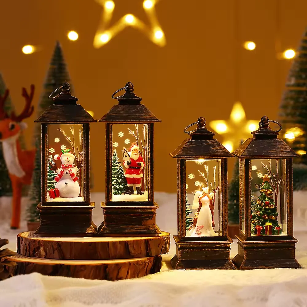 Christmas Snow Globe Light Quadrate Glitter Lantern Lamp Water Lantern Indoor Decoration Table Top Light Christmas Decor Battery