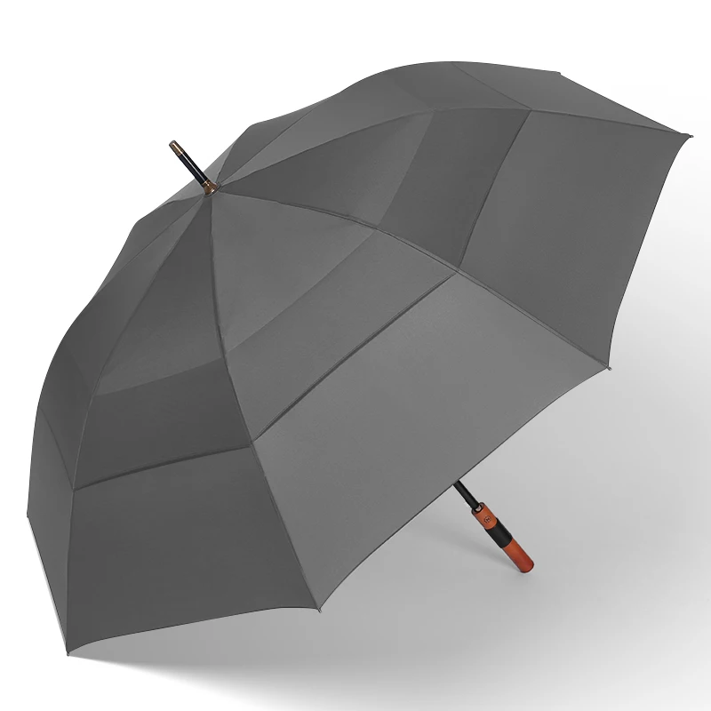 Faux leather Classic Wooden handle auto open long umbrella cheap black large golf umbrella with logo