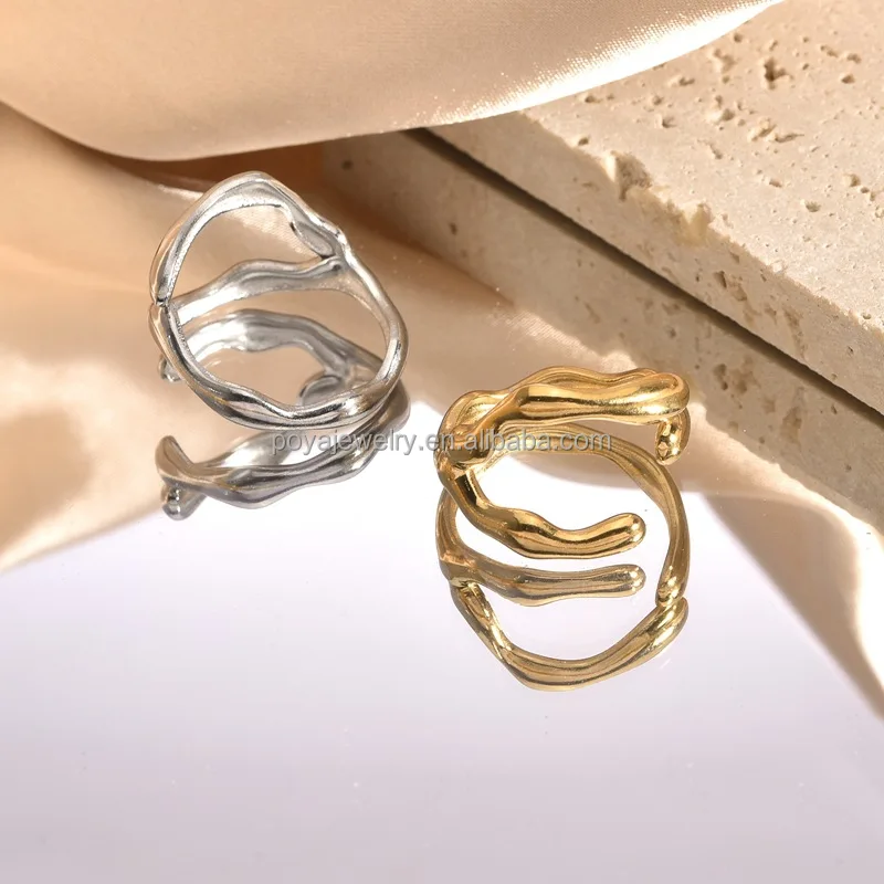 POYA Jewelry Stainless Steel 18K Gold PVD Plated Personalized Open Irregular Circle Finger Rings