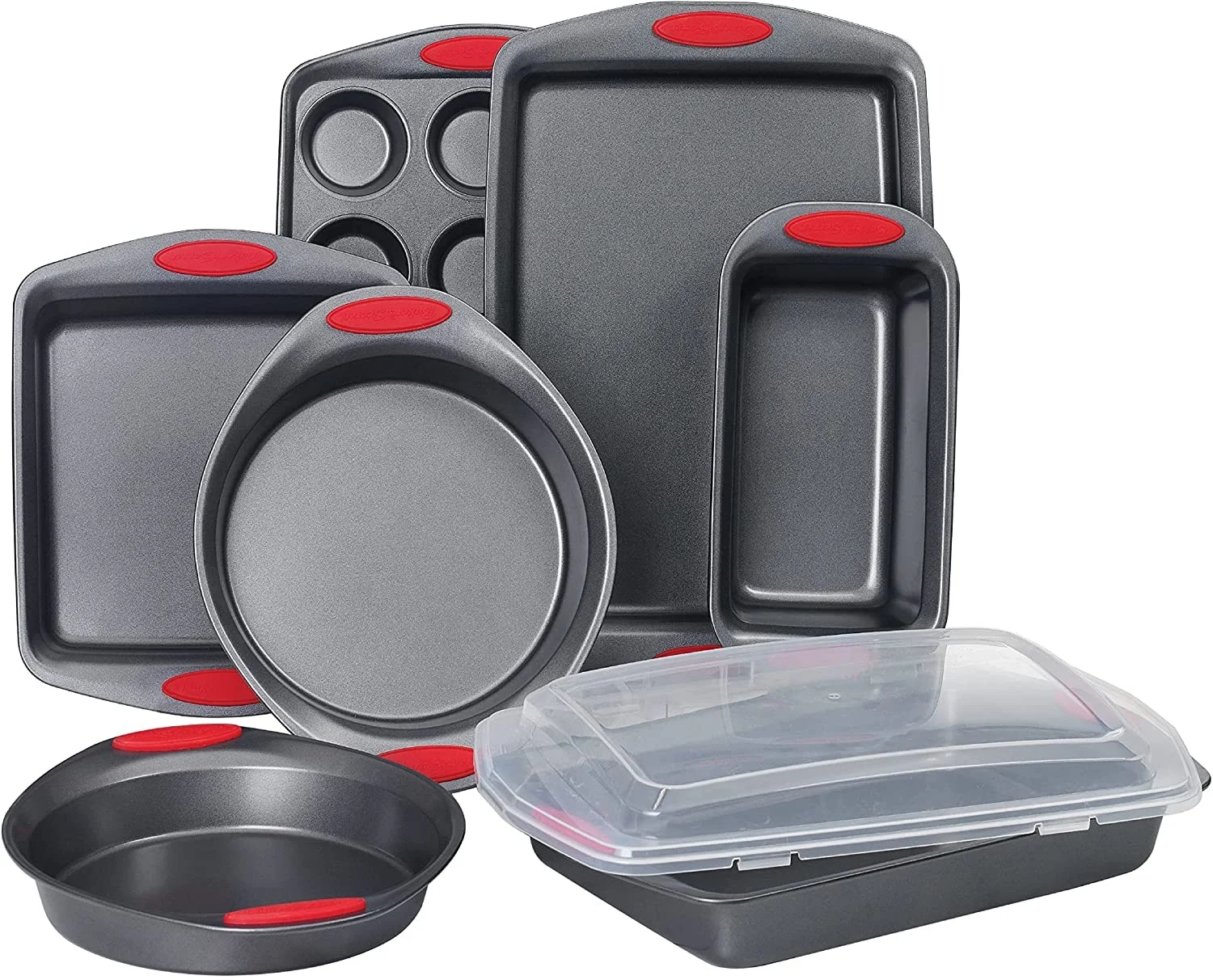 Nonstick Bakeware Set Baking Cookie Sheets Cake Muffin Bread Pan, 10 Piece, Latte Brown with Cranberry Red Grips