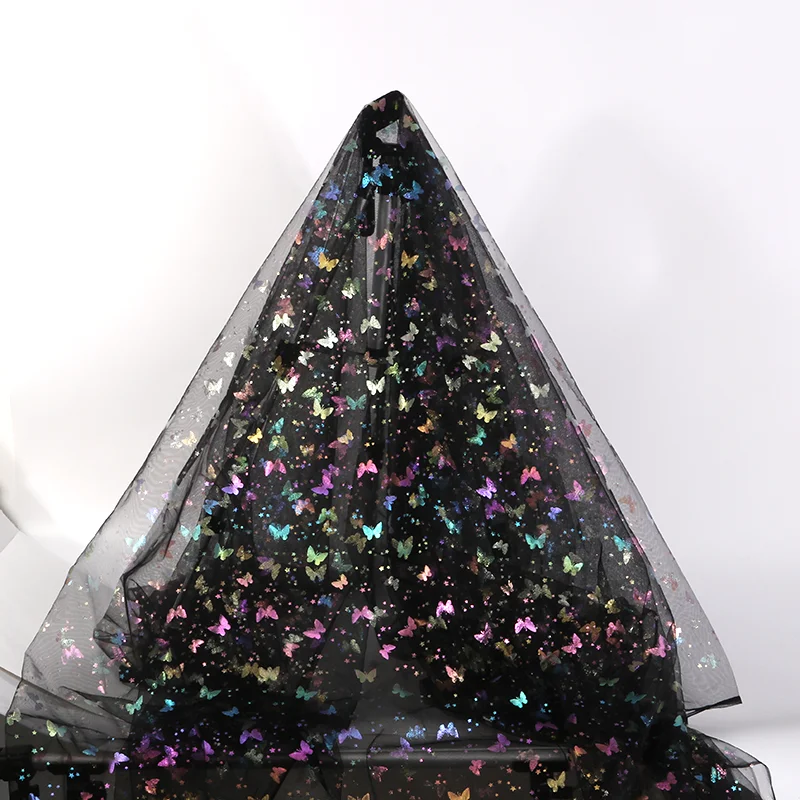Custom Stars Butterfly Tulle Fabric Glitter Mesh Fabric for Halloween Decoration Tulle