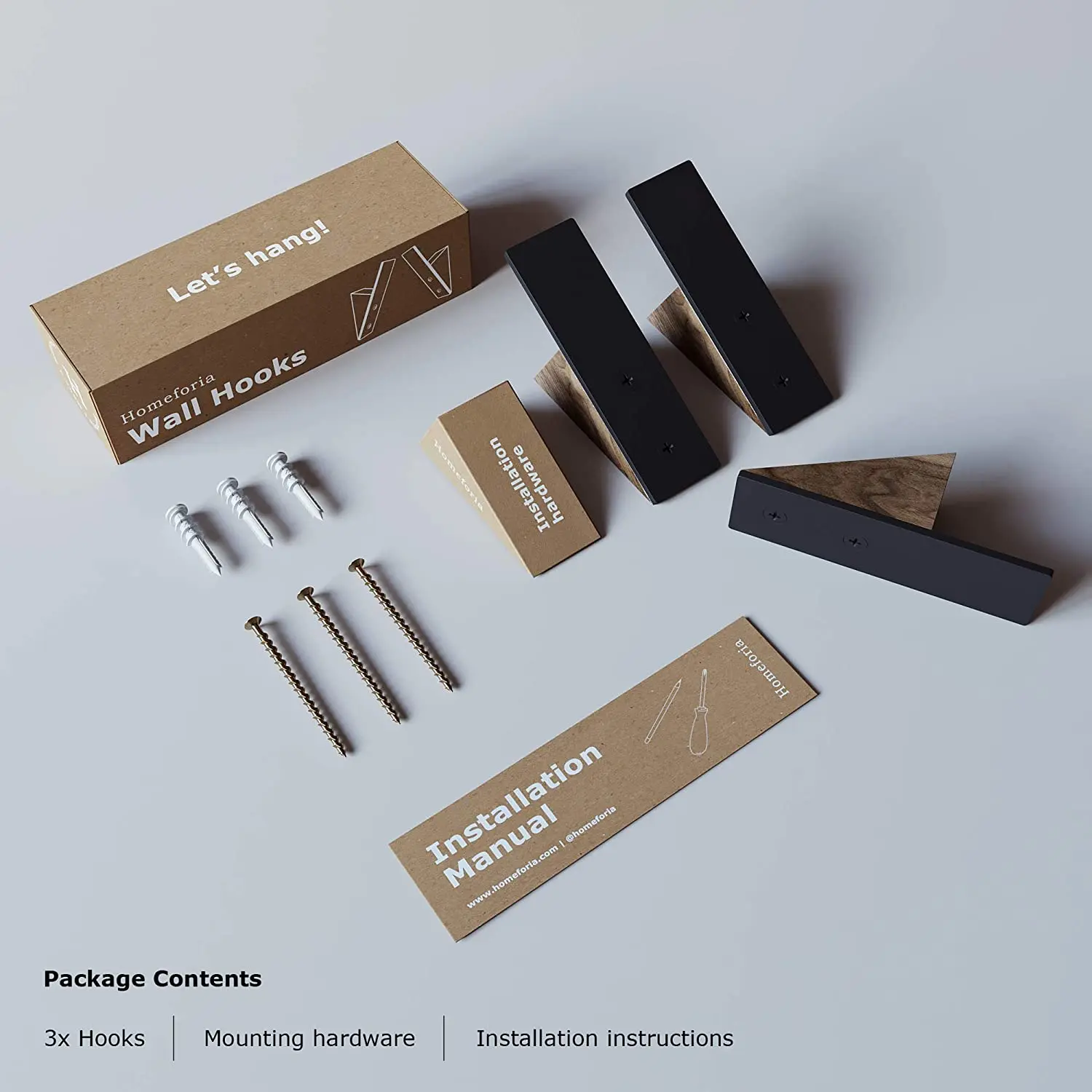 Set of 3 Black Walnut Wood and Black Metal Coat Hook Rack Wall-mounted Wood Craft for Hanging Coats