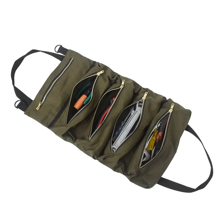 Multi-purpose Equipment Organizer Bag Tool Roll Up Pouch Heavy Duty Canvas Car Hanging Carrier Roll Tool Bags With 5 Zipper Bags