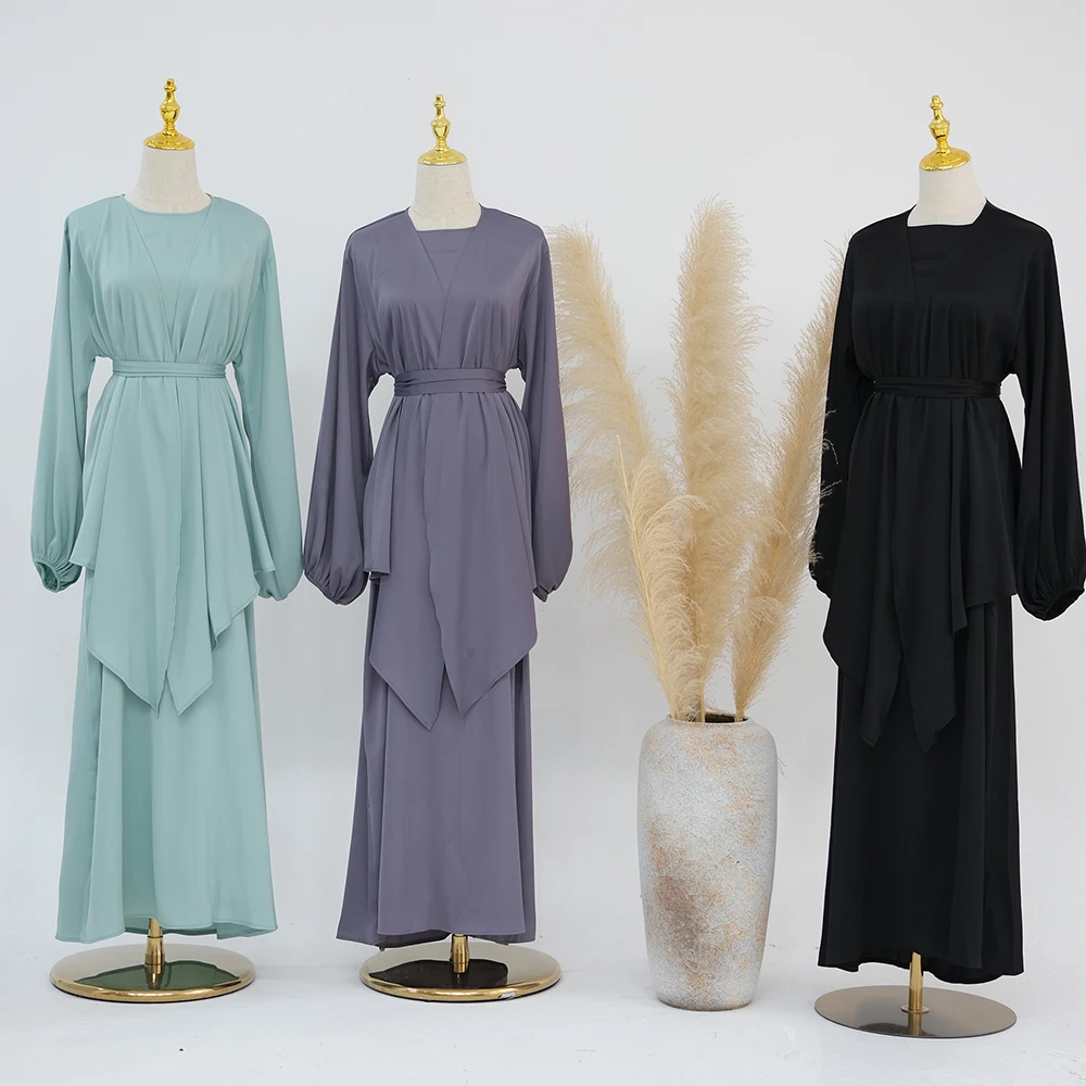2024 Latest Islamic Muslim Women Dress Inner Slip dress 2 Piece Abaya Set Solid Color Satin Modest Muslim Women Dress