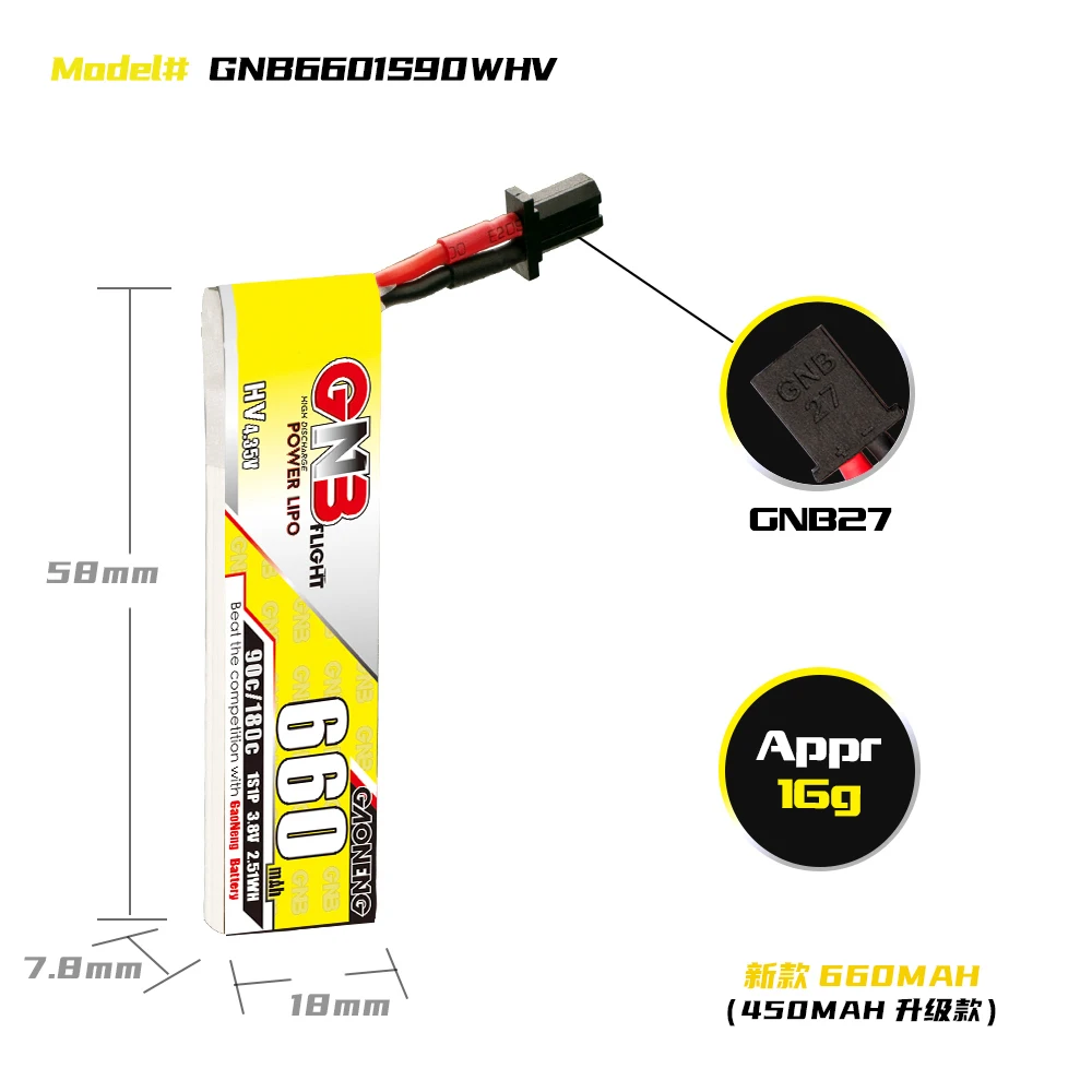 GAONENG GNB 660mah HV 1S 90C 180C 3 8 V Cabled FPV LiPo батарея GNB27 для Emax Tinyhawk Kingkong гоночного дрона