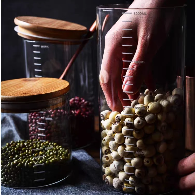 Cylinder Cereal Container with Sealing Airtight Canisters for Bulk Measurement markings Glass Cookies Jar with Bamboo Lid