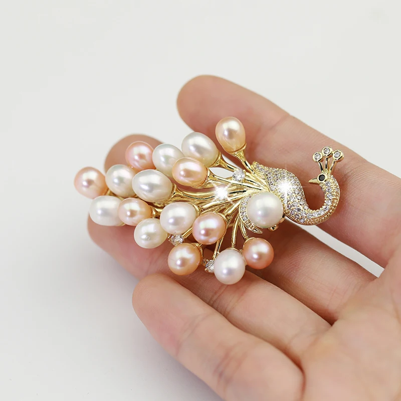 Elegant Peacock Copper Brooch Pin Accessories Zircon Imitation Pearl Corsage Jewelry Needle