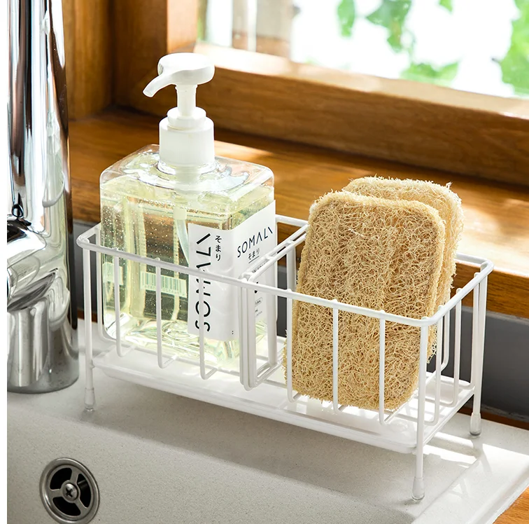Adjustable Sink Storage Caddy Stainless Steel Kitchen Sponge Holder With Water Tray