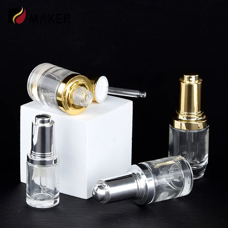 Glass Bottle Supplier 15ml 25ml 30ml Golden Press Skincare Essential Oil Cosmetic Vendors Essence Serum Dispenser Dropper Bottle
