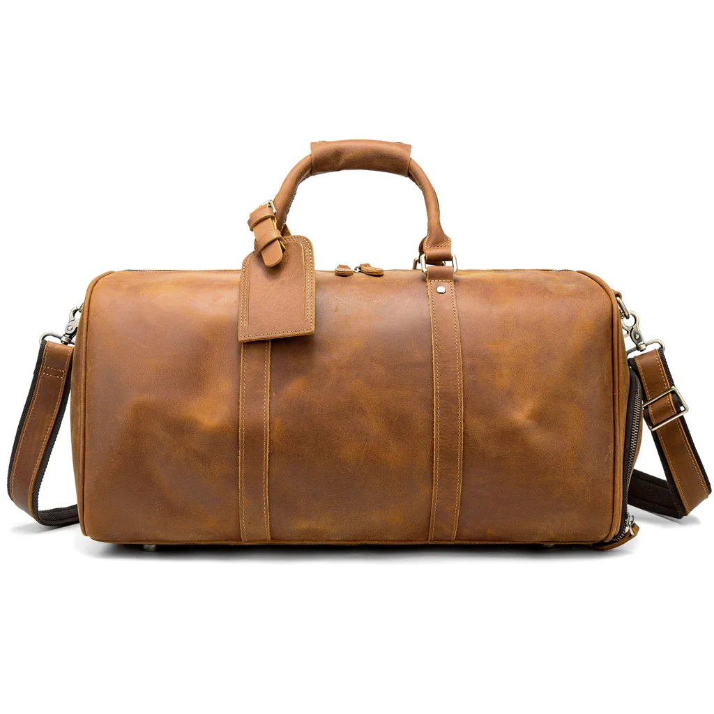 Vintage Crazy Horse Genuine Leather Travel Weekend Overnight Duffle Bag Leather Travel Duffle Bag With Shoes Compartment
