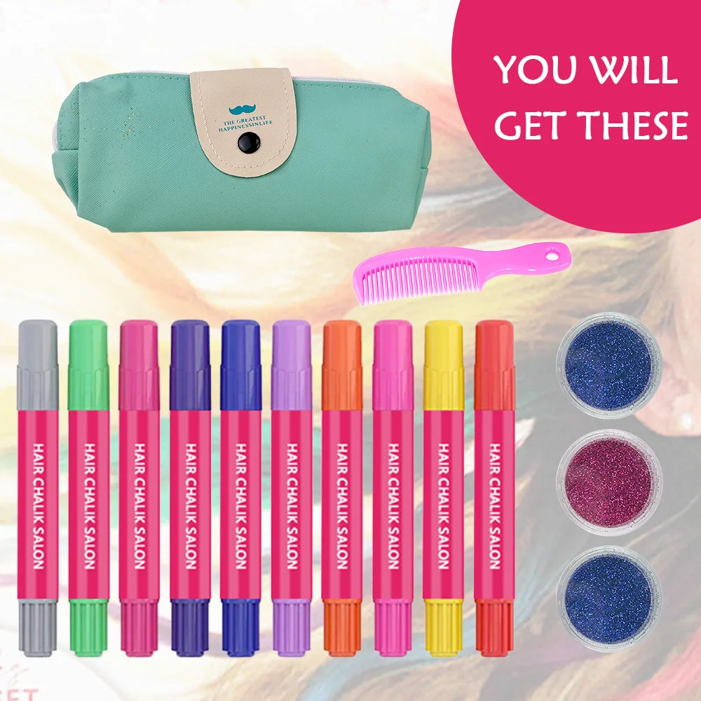 10 Color Hair chalk Pen And Glitter glue Set For Party
