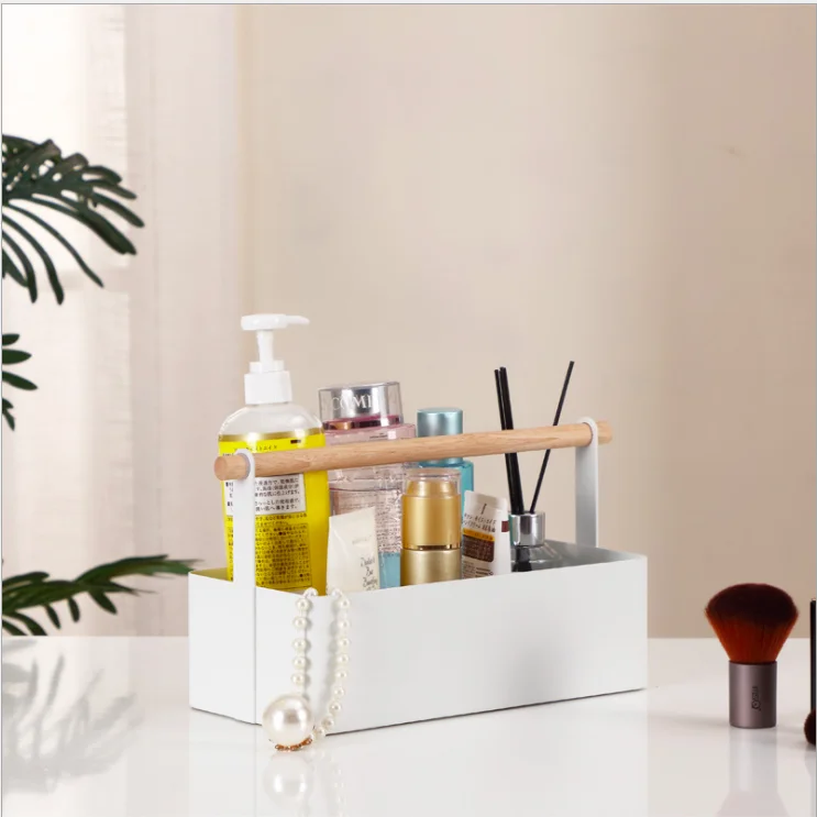 Japanese style desktop wrought iron cosmetic storage box wood pole portable large storage box