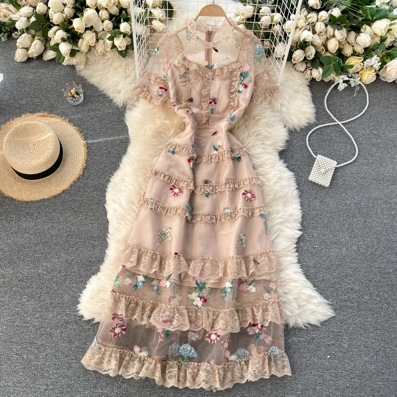France Elegant Net Yarn Patchwork Ruched Tiered Embroidery Short Sleeve Dress Casual Women Double Fabric Party Eveing Dresses