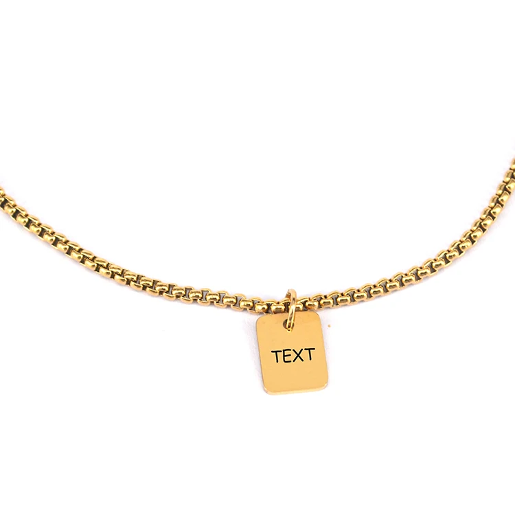 Custom 10K Gold Plated Laser Letter logo Square Shaped Flat Beaded Chain Name Pendant Necklace