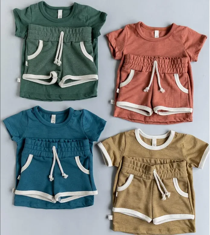 Summer 2022 Daily Wear Little Boy Clothing Sets Custom Embroidery Logo Solid Color 100% Cotton Shirt and Shorts Set