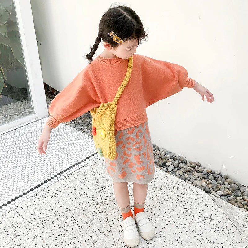 Toddler Kids Girls orange color Long Sleeve Knitting Pullover Sweater Tops Leopard Printed Skirts 2pcs suit Girl Outfits