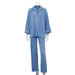 Блузка женская плиссированная с длинным рукавом, повседневный свободный элегантный домашний наряд бежевого цвета с широкими штанинами, с завышенной талией, осень