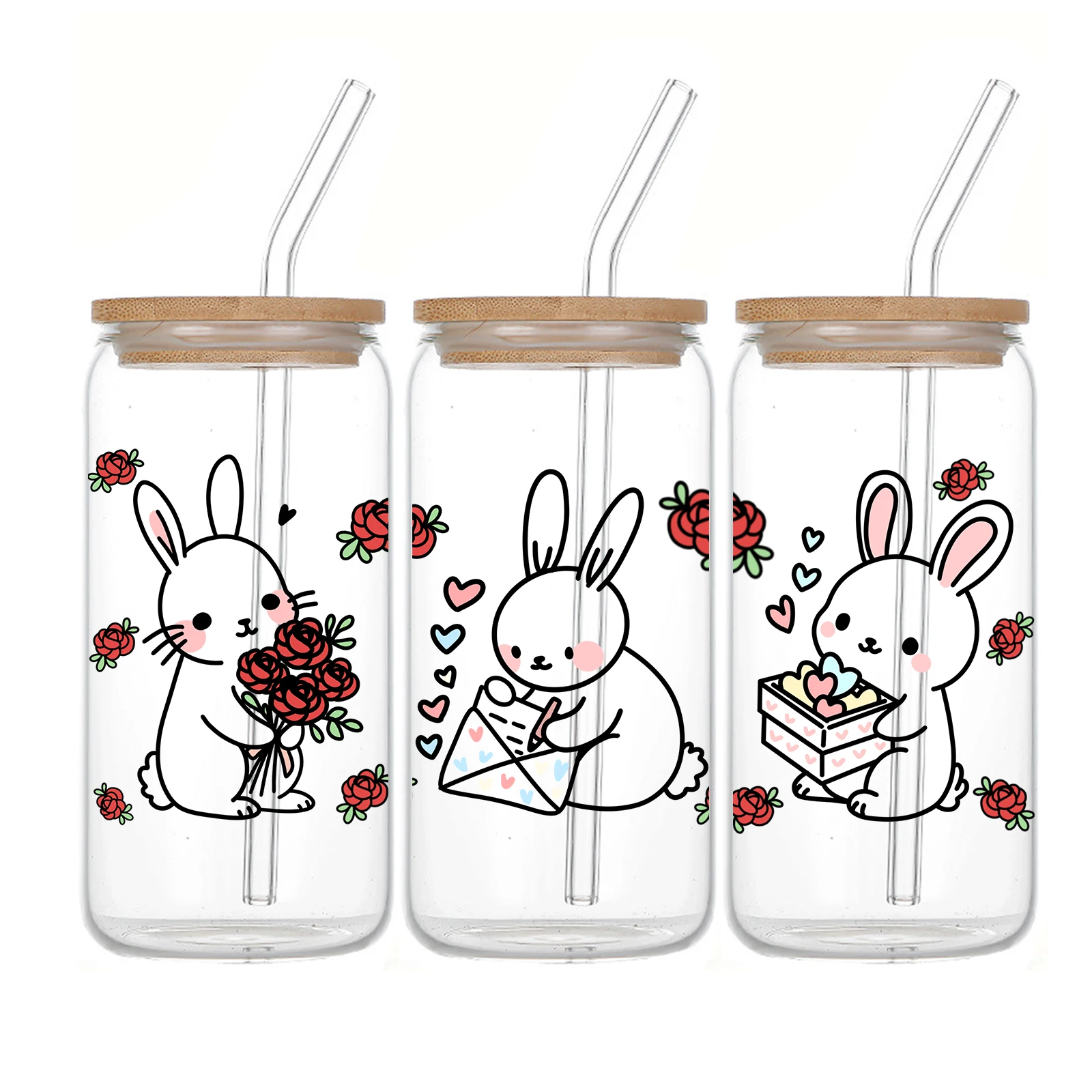 1pc Glass Can Coffee Cup With Lid And Straw 16oz Clear Glass Love Rabbits Iced Coffee Mug For Animal Lovers Gift Soda Can Glass