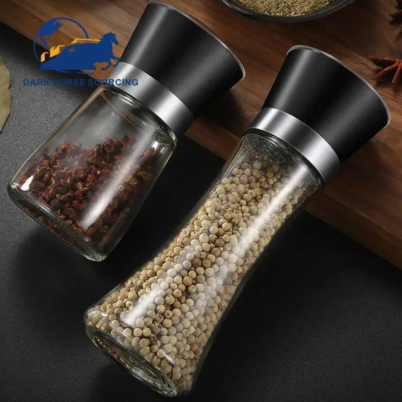 Best selling adjustable particle size 304 stainless steel manual spice grinder pepper mill glass bottle set