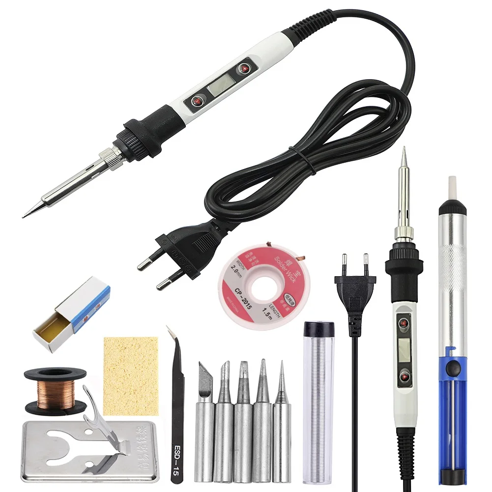 US Plug,EU plug 14pcs Thermostatic 80W  Adjustable Temperature LCD Soldering Tool Ceramic Heater Solder Gun Soldering Iron Kit