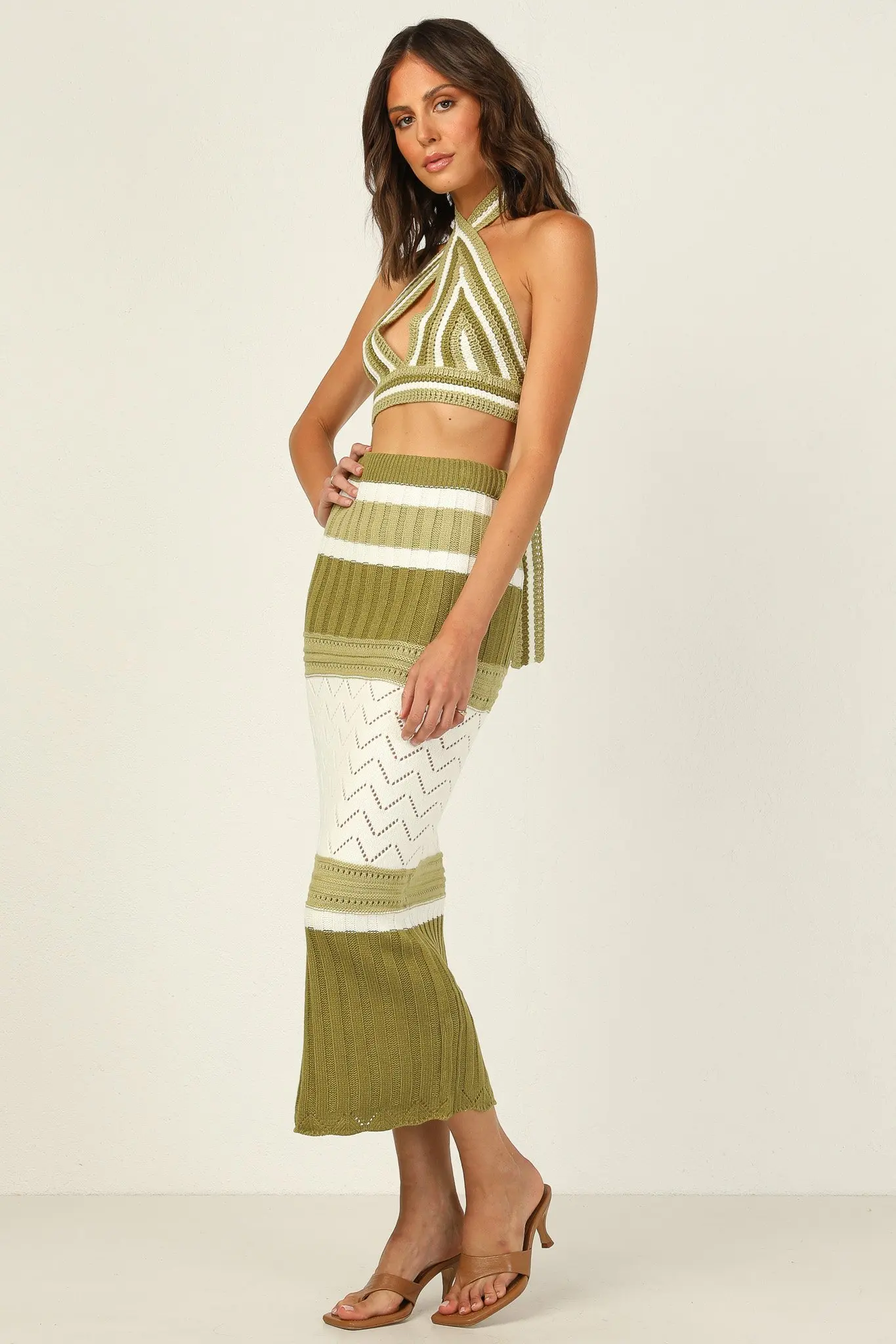 Summer Crochet Fabric Tie Open Back Cropped Halter Top and Pointelle Bodycon Midi Skirt 2 Piece Set