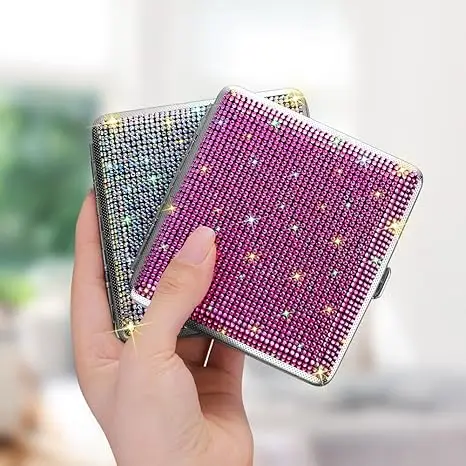 Metal Cigarette Holder Bling Crystal Double Sided Cigarette Box for 20 Cigarettes Gift for Smoker