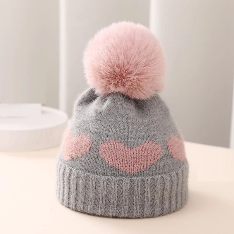 Autumn Winter Fur Pompom Baby Hat Heart Printed Knitting Infant Beanie Cap Toddler Warm Girls Boys Hats