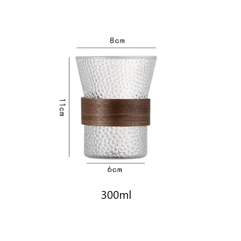Hammer pattern glass tea cup high temperature borosilicate glass with wood anti-scalding hand guard Heat-resistant glass cup