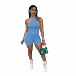 Solid Color Halter Backless Sleeveless Crop Top Biker Shorts Sets Summer Women Party Two Piece Short Set