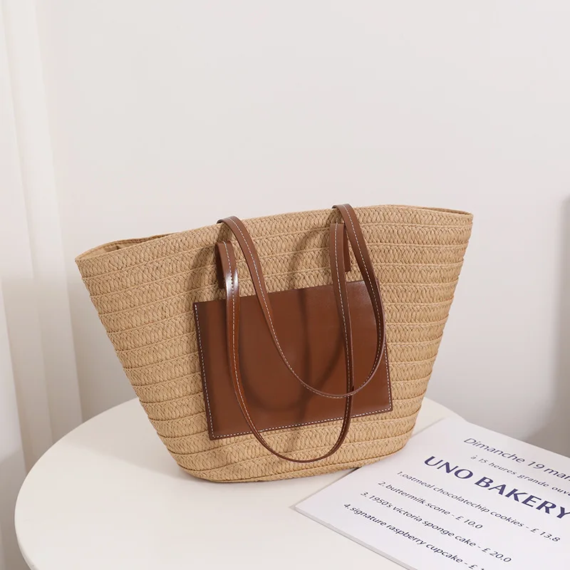 Extra Large Straw Woven Beach Bag Shoulder Bag Boho Straw Handle Tote Retro Paper Straw Bag With Pu Handle