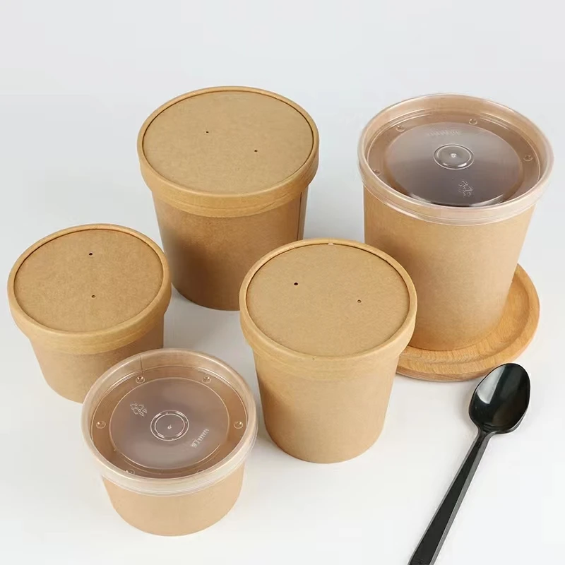 Compostable Soup Paper Bowl With Lid Brown Kraft Paper Salad Bowl Cup with Lid