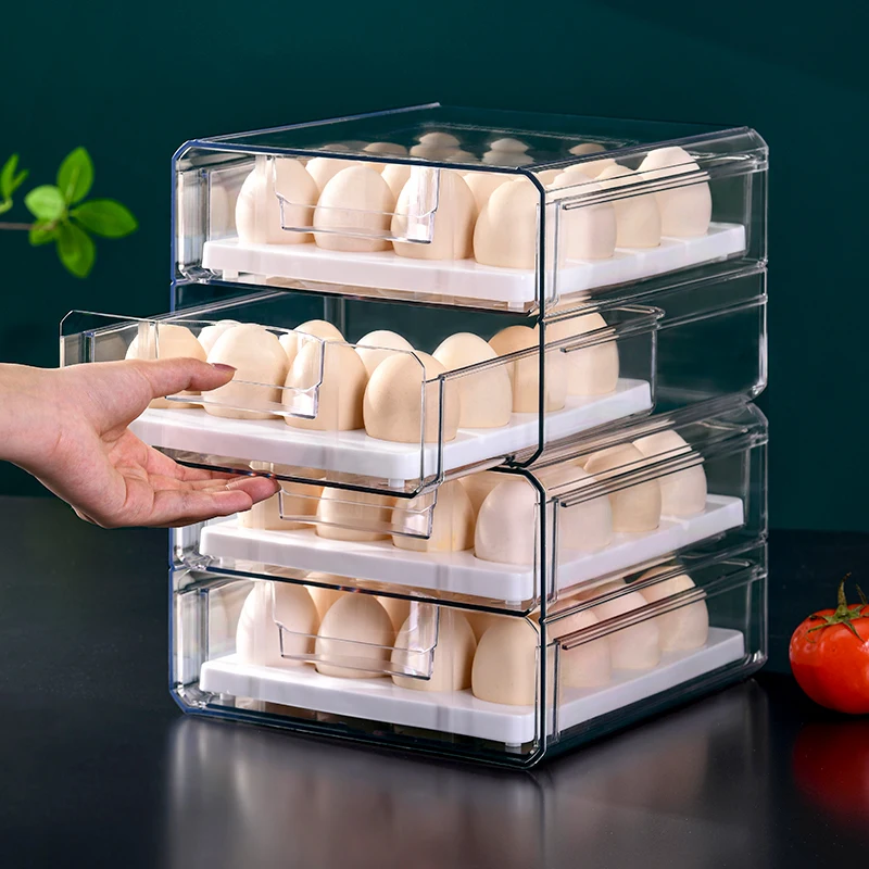 32 Grid Kitchen Stackable Pull Out Bins Holder fridge Organizer Double Layers Container Refrigerator Egg Storage Box Drawer