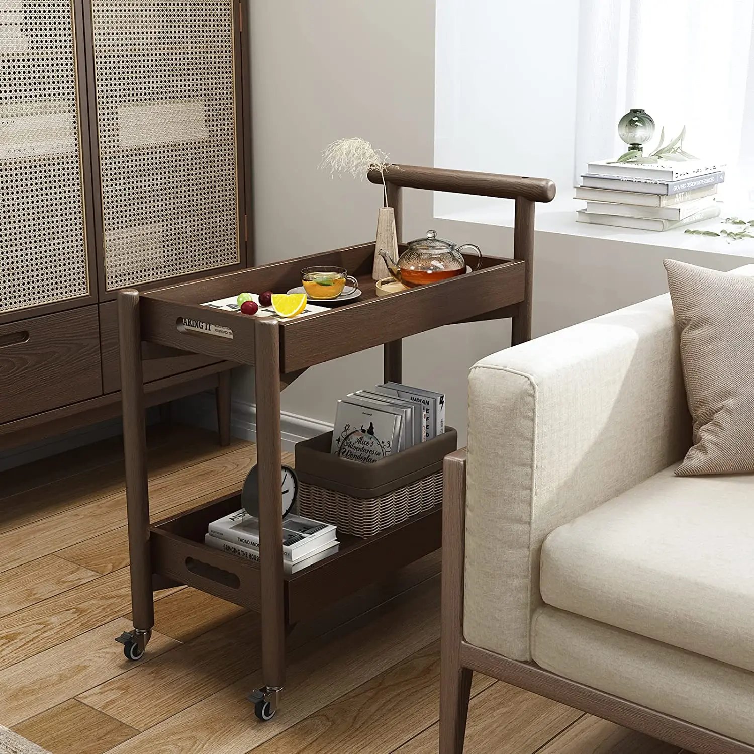 2021 New Kitchen wooden Storage bar Cart with Wheels and Handles