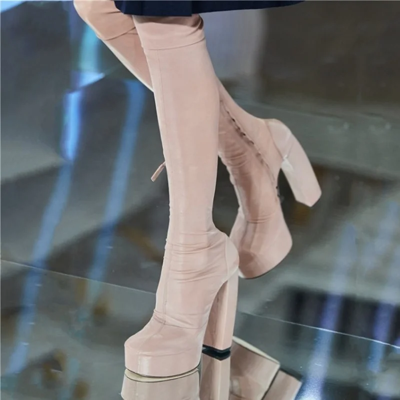 
Elastic Material PU Upper Sexy Long Thigh High Boots Chunky Heel Plus Size 48 Over Knee High Boots 