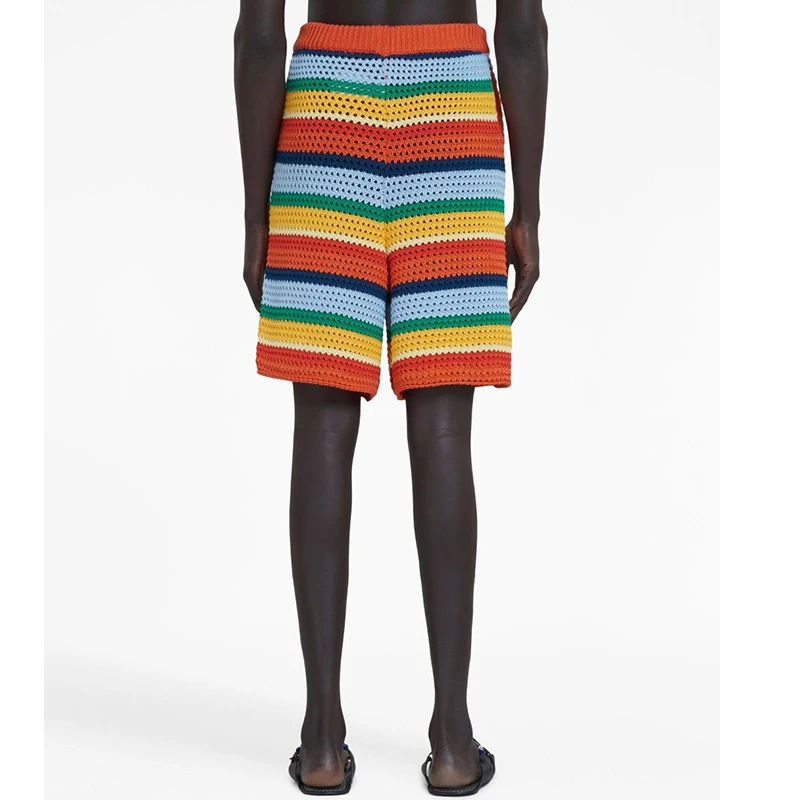 Custom OEM & ODM men Crocheted knitted  Shorts winter Knit Pants men knitwear Striped cotton Drawstring Hollow out knit Shorts