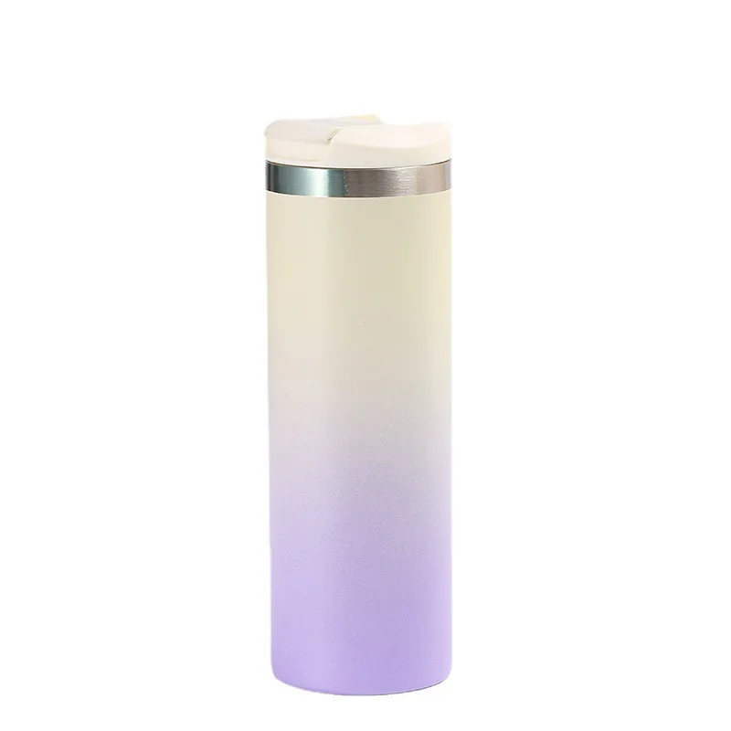 Best-selling 500ml new  304 stainless steel insulated gradient color straight cup travel car vacuum water bottle with flip cover