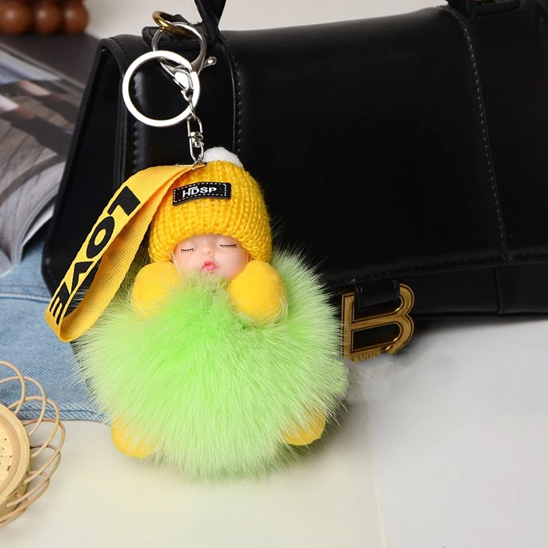 Оптовая продажа Kawaii Спящая детская кукла плюшевая помпоны из кроличьего меха брелок для ключей сумочка сумка кулон