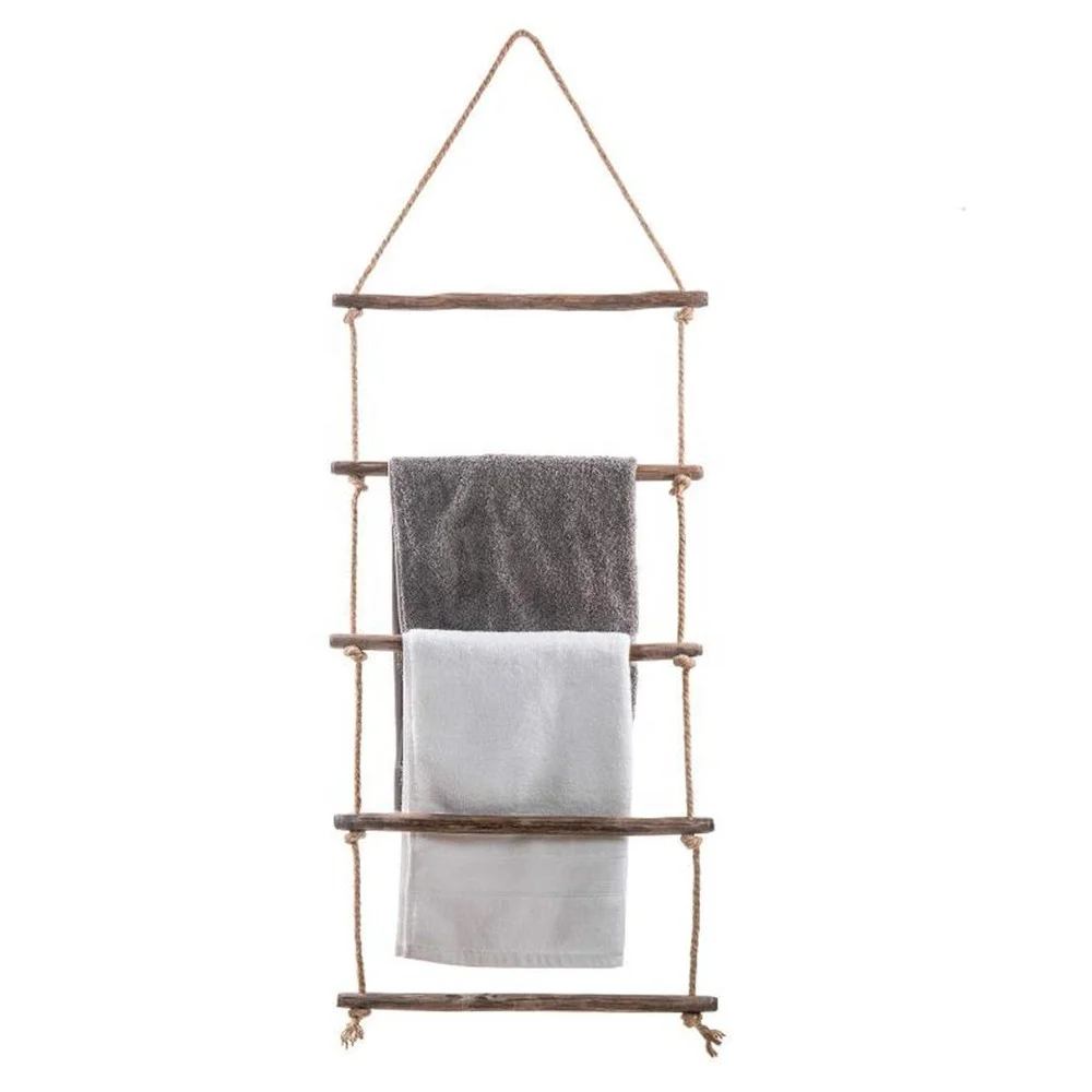 Rustic decor display Wall Hanging Natural Wood  Rope Wooden Ladder Towel Rack