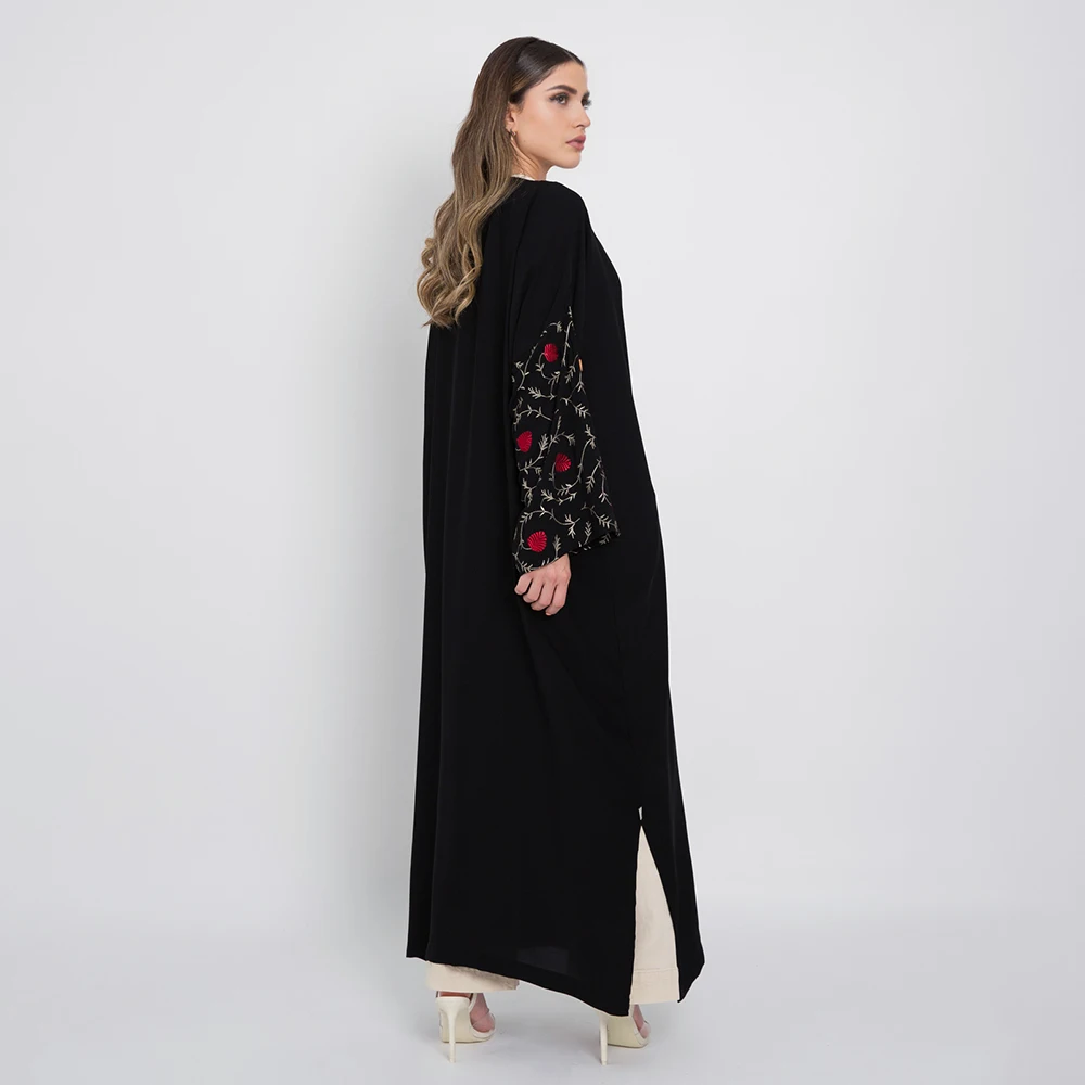 New Modest Fancy Open Black Muslim Abaya Embroidery Sleeve Latest Spring Roses Black Abaya Designs