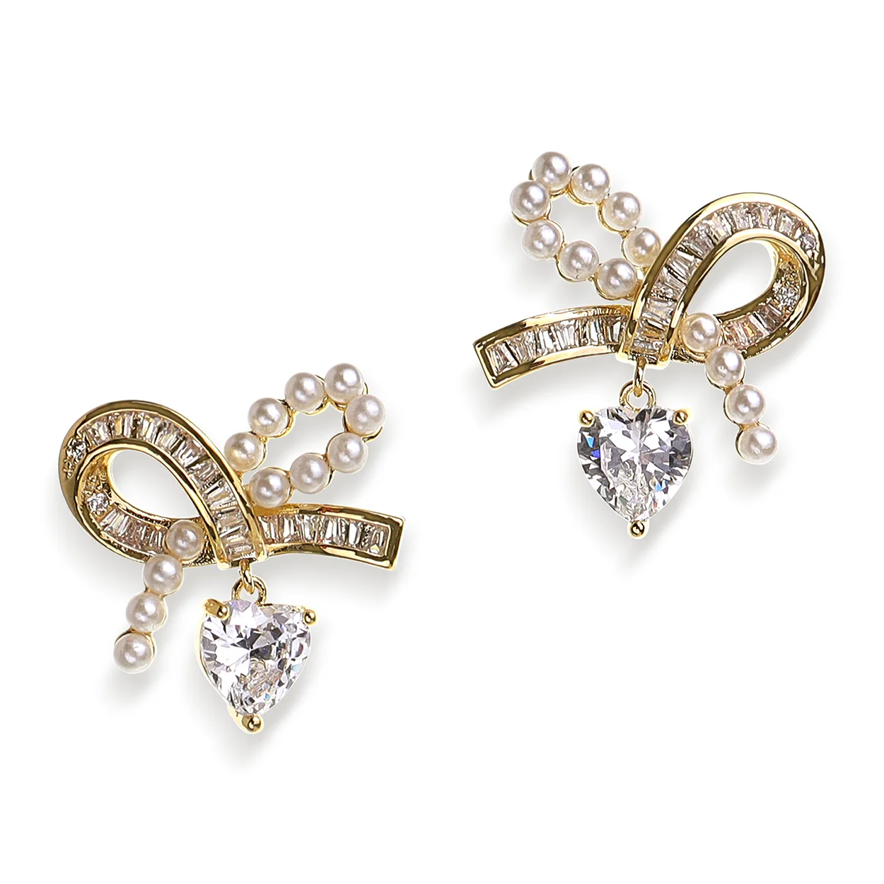 Wholesale 14K Gold color Pearl Bow Stud Heart Dangle Earrings for Women Girls
