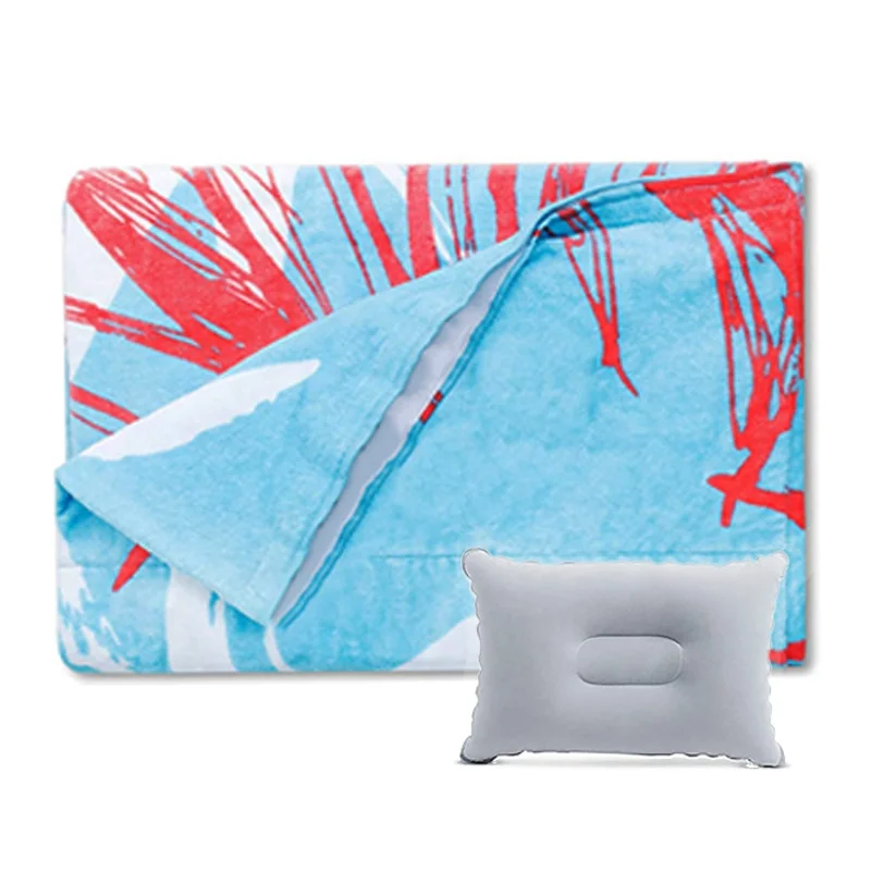 OEM Print Foldable Inflatable Custom 100% Pocket Pillow cotton beach towel Terry Custom with Bag
