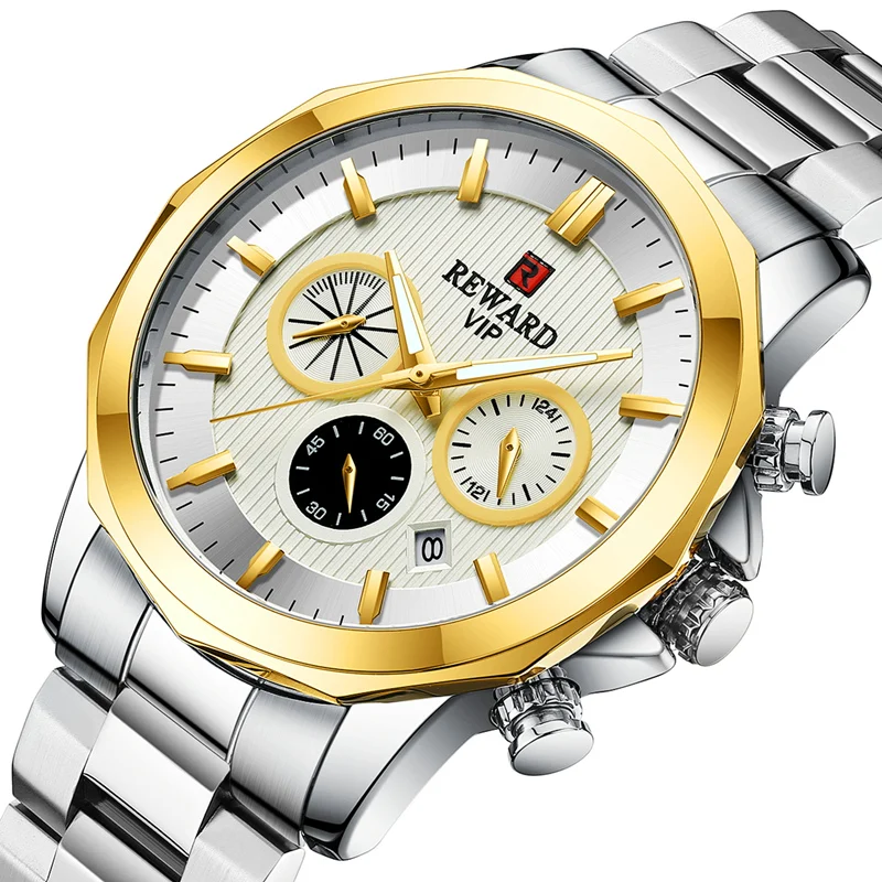 Reward High quality Luxury Golden white waterproof quartz watch for men Customised logo beautiful stainless steel wrist watch
