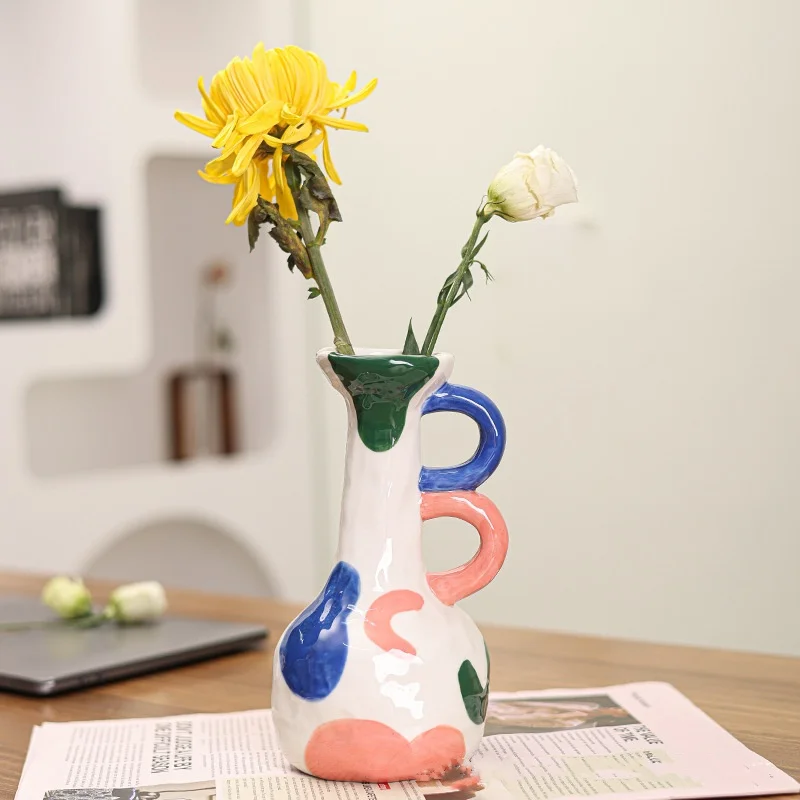 Ceramic vase, living room decoration, flower arrangement, creative color block painting, niche vase, flower utensil