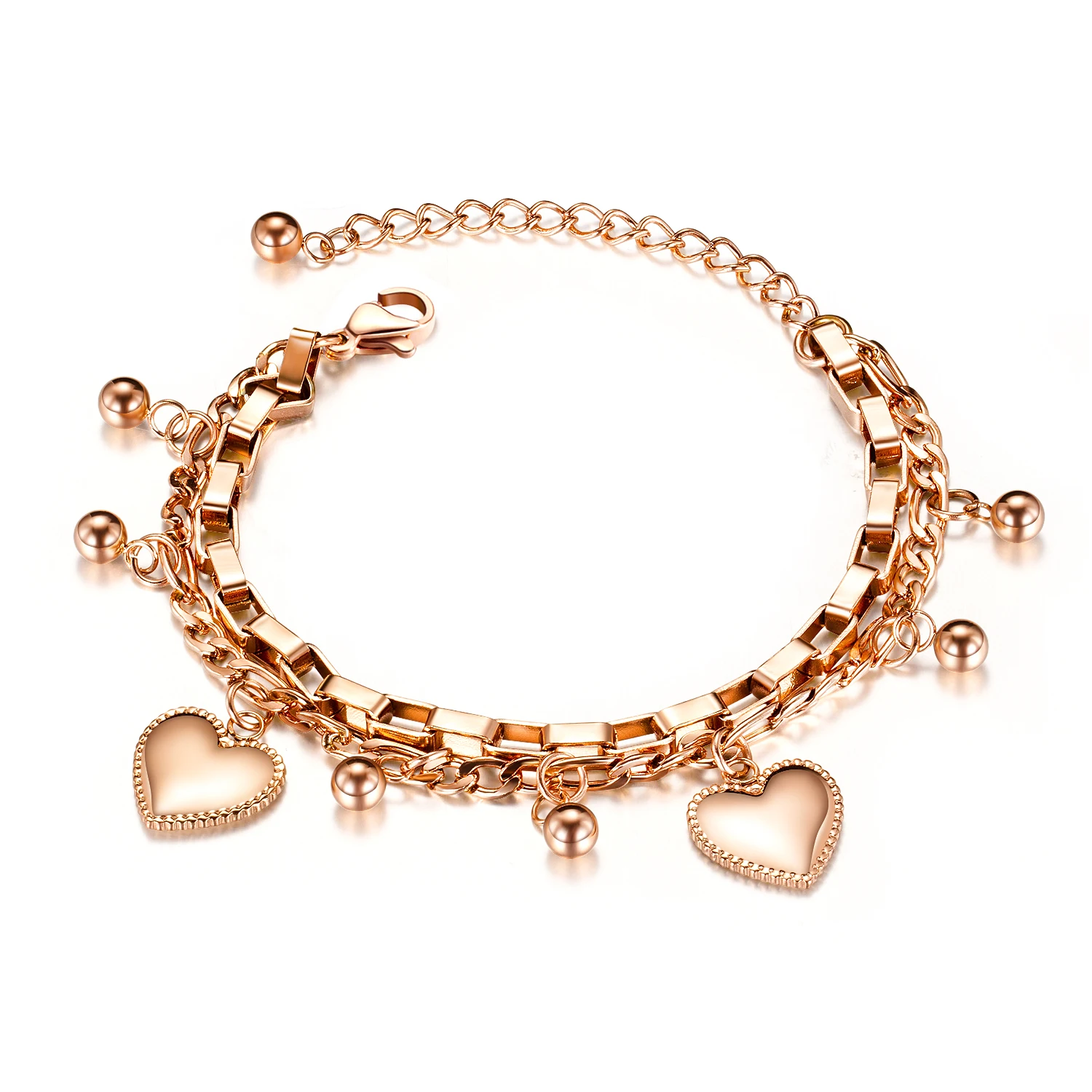 2023 Hot Sale stainless steel Rose Gold color double chain bracelet with two heart and balls charms for women and girls