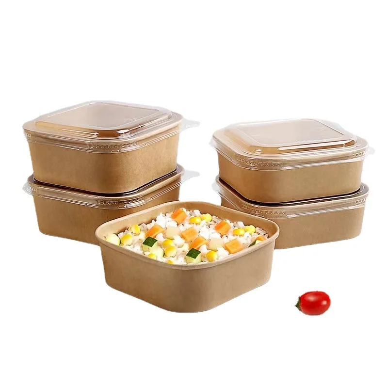 Hot Sale White Heatable Paper Fast Food Bowl Food Packing Square Salad Containers With Lid
