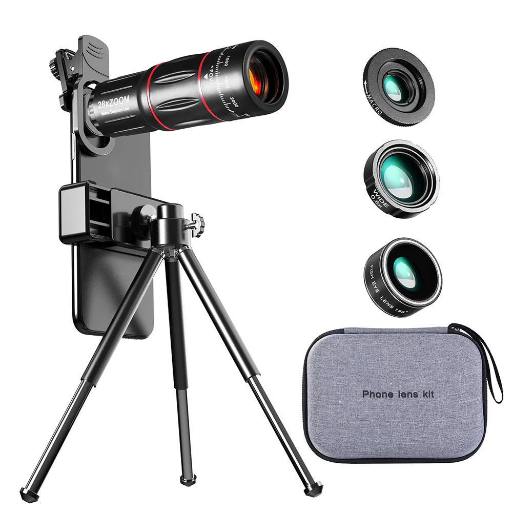 4In1 198Degrees Fisheye Mobile Lenses 28X Telephoto Camera Zoom Lens