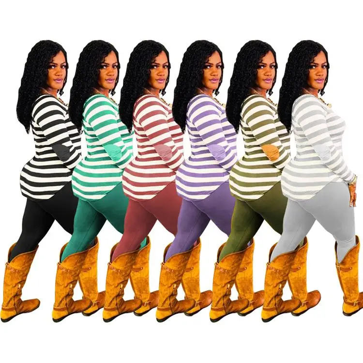 
New Fashion Off Shoulder Long Sleeve Cozy Stripe Print Plus Size Autumn Women Casual Two Piece Set 