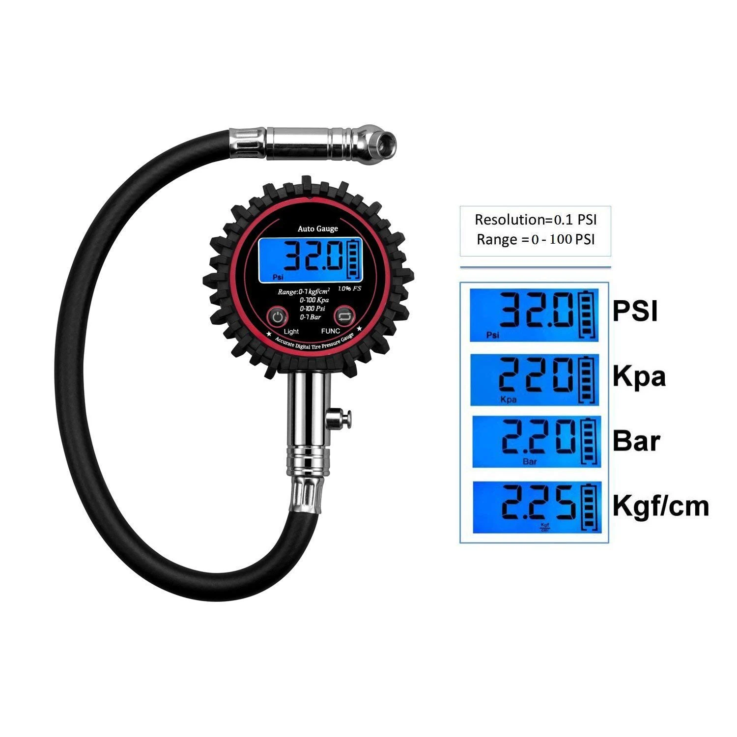 ANSI Luminous Air tire Pressure Gauge , Heavy Duty - Best For Car & Motorcycle 0-100 PSI with hose